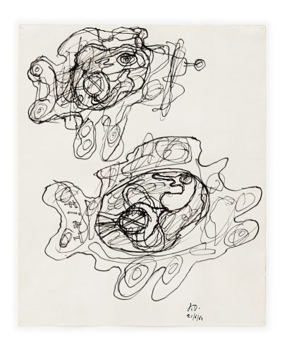 Jean Dubuffet,  Deux automobiles dont une Fiat, 1961, encre sur papier, 30,5 x 25 cm